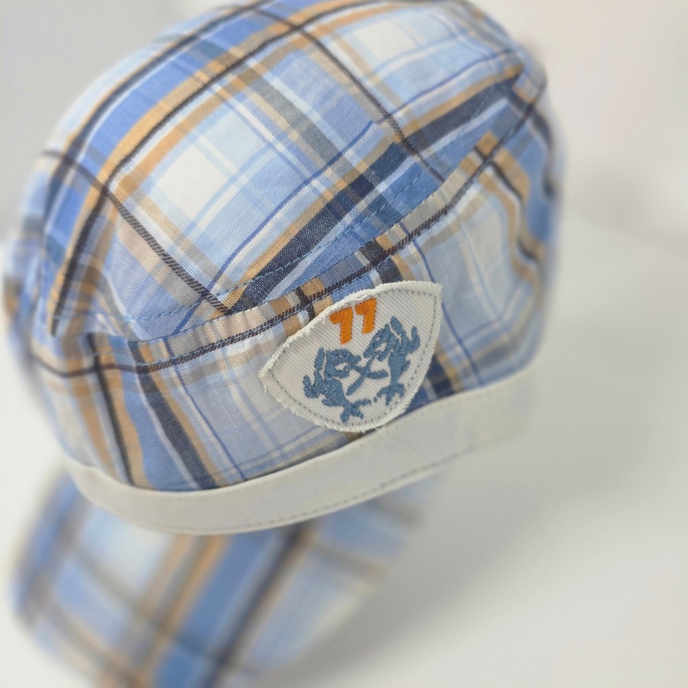 HYP Plaid Cadet Hat 56cm Military Cap Woven Blue Tan Flat Top New With Tags